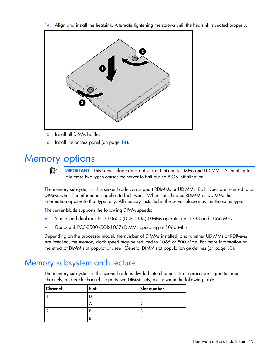 Memory options, Memory subsystem architecture | HP PROLIANT SERVER BLADE BL460C G6 User Manual | Page 27 / 108