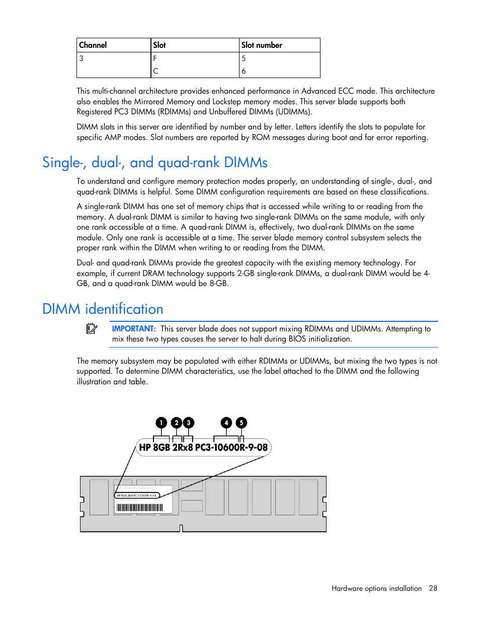 Single-, dual-, and quad-rank dimms, Dimm identification | HP PROLIANT SERVER BLADE BL460C G6 User Manual | Page 28 / 108