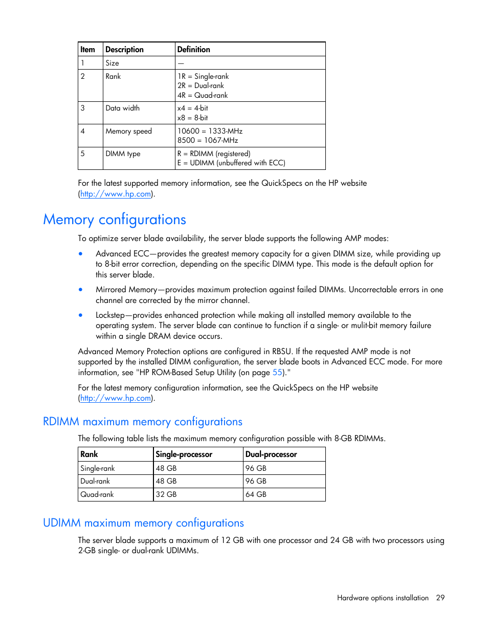 Memory configurations, Rdimm maximum memory configurations, Udimm maximum memory configurations | HP PROLIANT SERVER BLADE BL460C G6 User Manual | Page 29 / 108