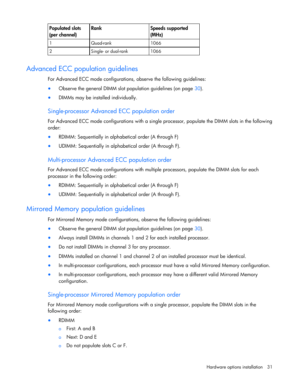 Advanced ecc population guidelines, Mirrored memory population guidelines | HP PROLIANT SERVER BLADE BL460C G6 User Manual | Page 31 / 108
