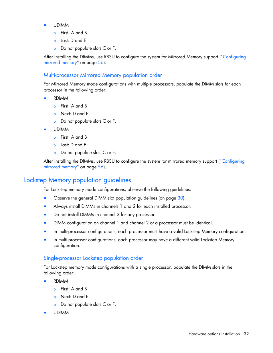 Lockstep memory population guidelines | HP PROLIANT SERVER BLADE BL460C G6 User Manual | Page 32 / 108