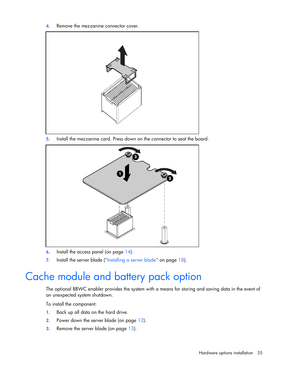 Cache module and battery pack option | HP PROLIANT SERVER BLADE BL460C G6 User Manual | Page 35 / 108