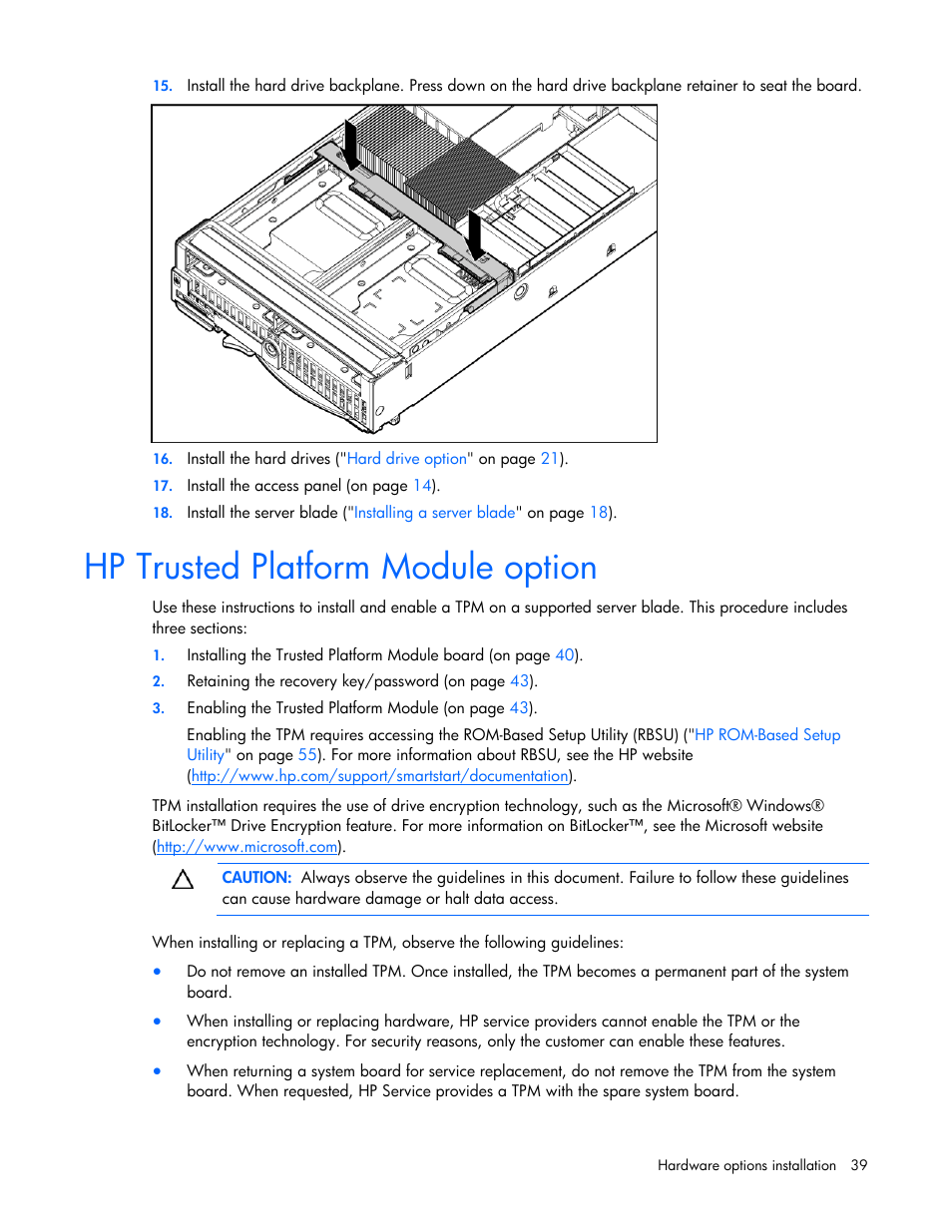 Hp trusted platform module option | HP PROLIANT SERVER BLADE BL460C G6 User Manual | Page 39 / 108