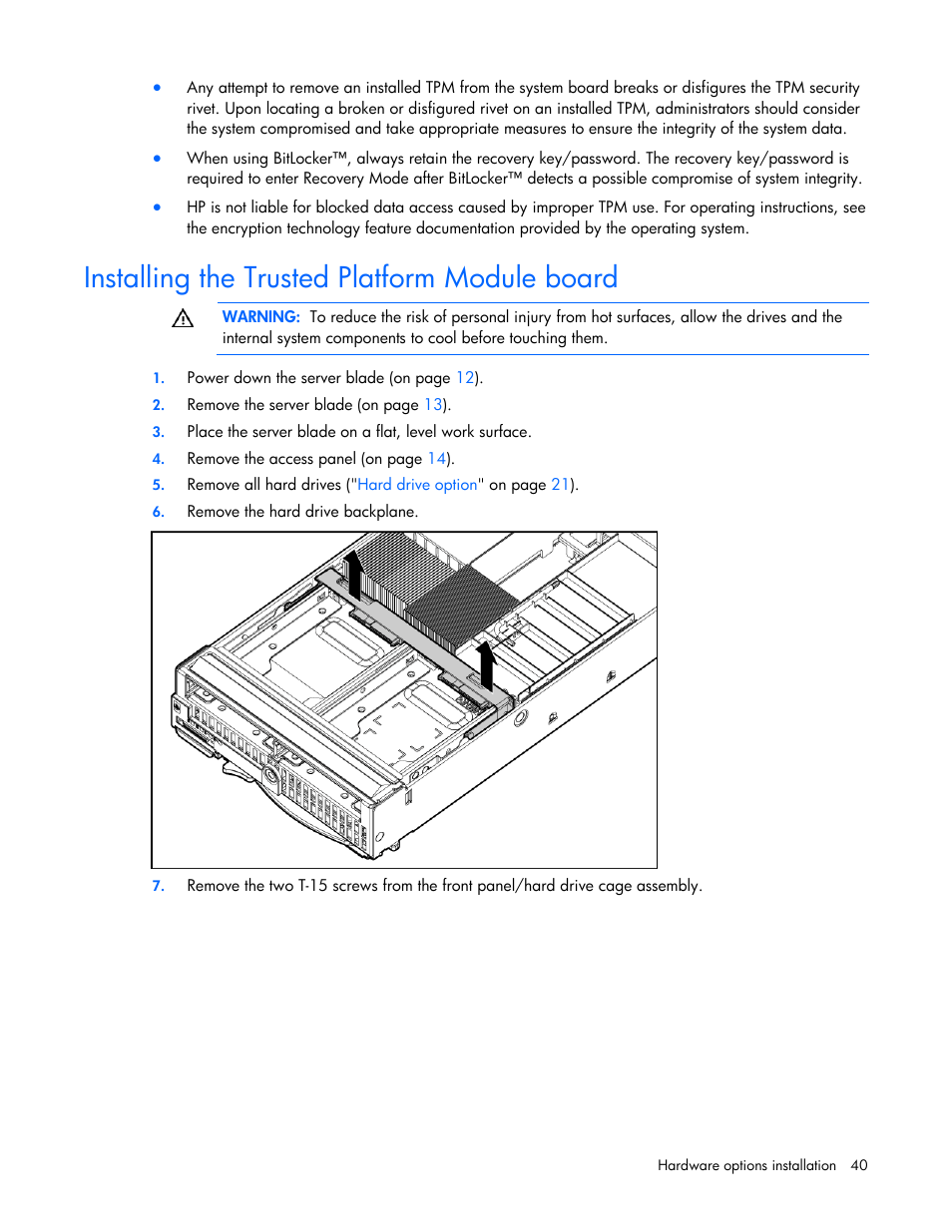 Installing the trusted platform module board | HP PROLIANT SERVER BLADE BL460C G6 User Manual | Page 40 / 108