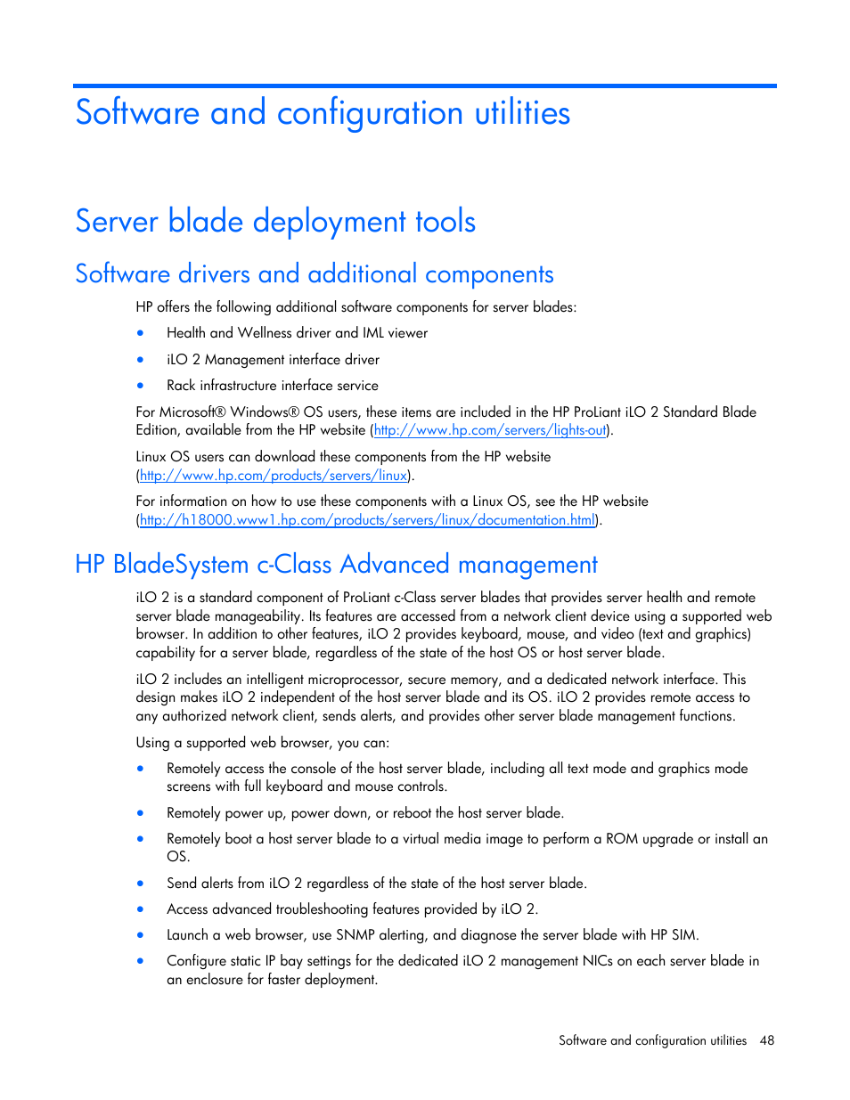 Software and configuration utilities, Server blade deployment tools, Software drivers and additional components | Hp bladesystem c-class advanced management | HP PROLIANT SERVER BLADE BL460C G6 User Manual | Page 48 / 108