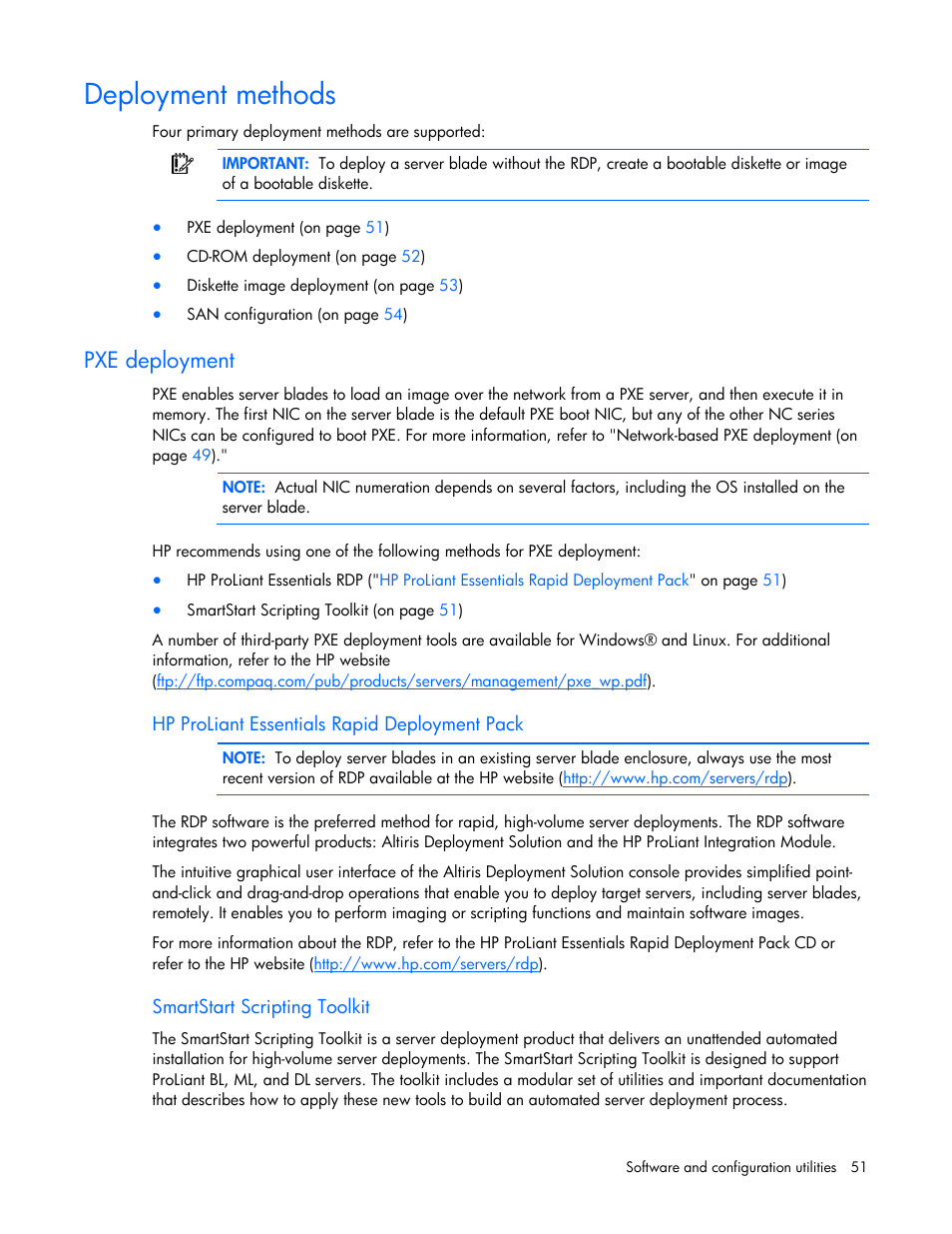 Deployment methods, Pxe deployment | HP PROLIANT SERVER BLADE BL460C G6 User Manual | Page 51 / 108