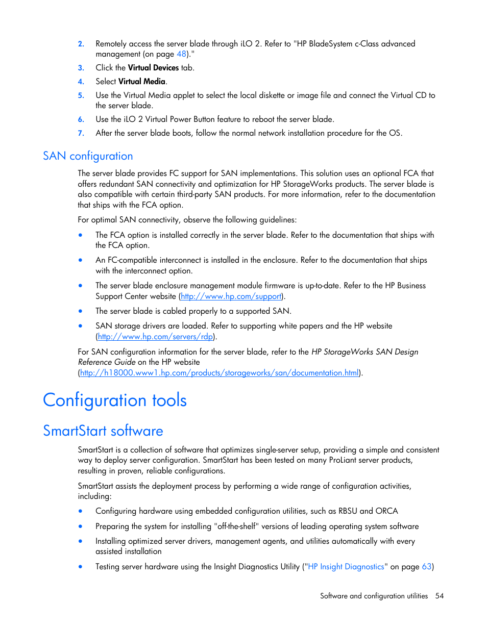 San configuration, Configuration tools, Smartstart software | HP PROLIANT SERVER BLADE BL460C G6 User Manual | Page 54 / 108