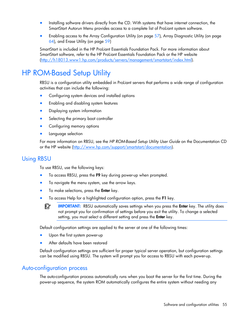 Hp rom-based setup utility, Using rbsu, Auto-configuration process | Rom-based setup utility, P utility (rbsu), Hp rom-based setup, Utility, For m | HP PROLIANT SERVER BLADE BL460C G6 User Manual | Page 55 / 108