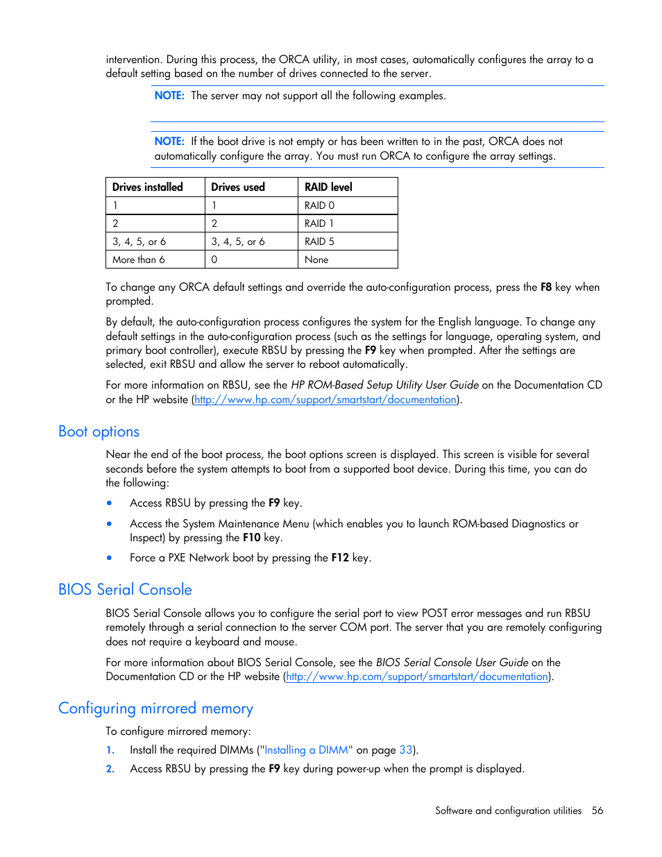 Boot options, Bios serial console, Configuring mirrored memory | Support, Configuring, Mirrored memory | HP PROLIANT SERVER BLADE BL460C G6 User Manual | Page 56 / 108