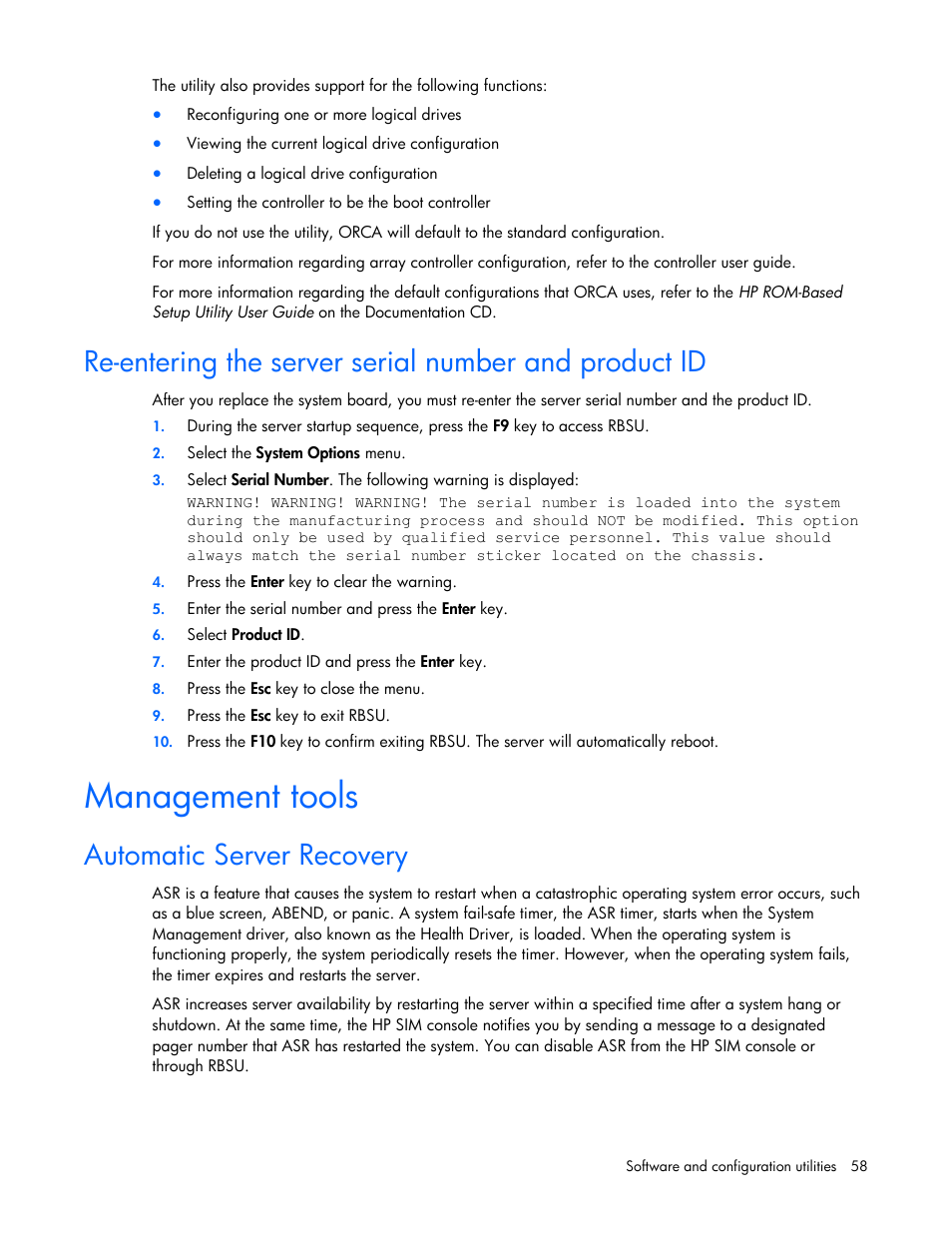 Management tools, Automatic server recovery | HP PROLIANT SERVER BLADE BL460C G6 User Manual | Page 58 / 108