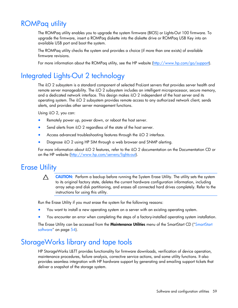 Rompaq utility, Integrated lights-out 2 technology, Erase utility | Storageworks library and tape tools | HP PROLIANT SERVER BLADE BL460C G6 User Manual | Page 59 / 108