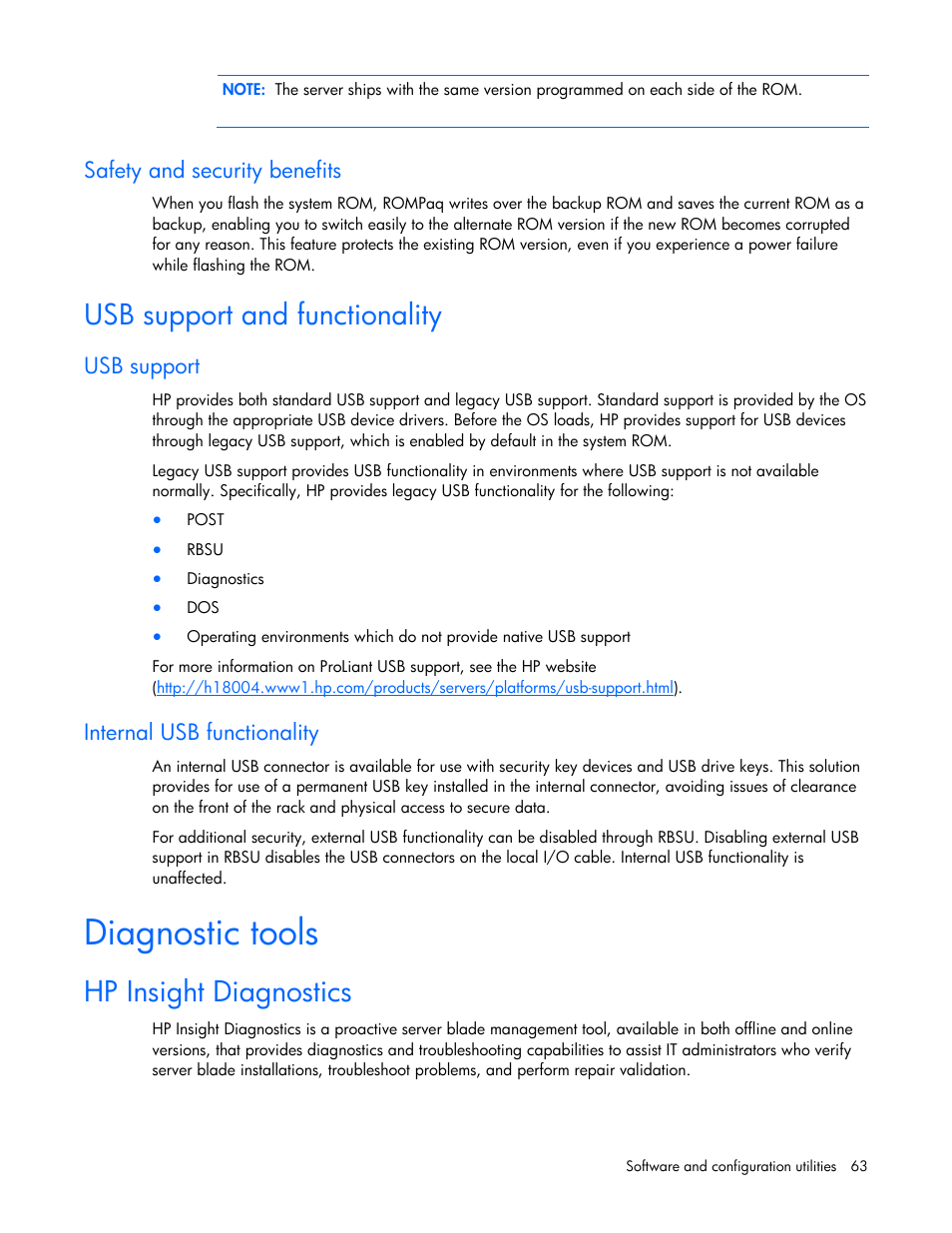 Safety and security benefits, Usb support and functionality, Usb support | Internal usb functionality, Diagnostic tools, Hp insight diagnostics, S utility | HP PROLIANT SERVER BLADE BL460C G6 User Manual | Page 63 / 108