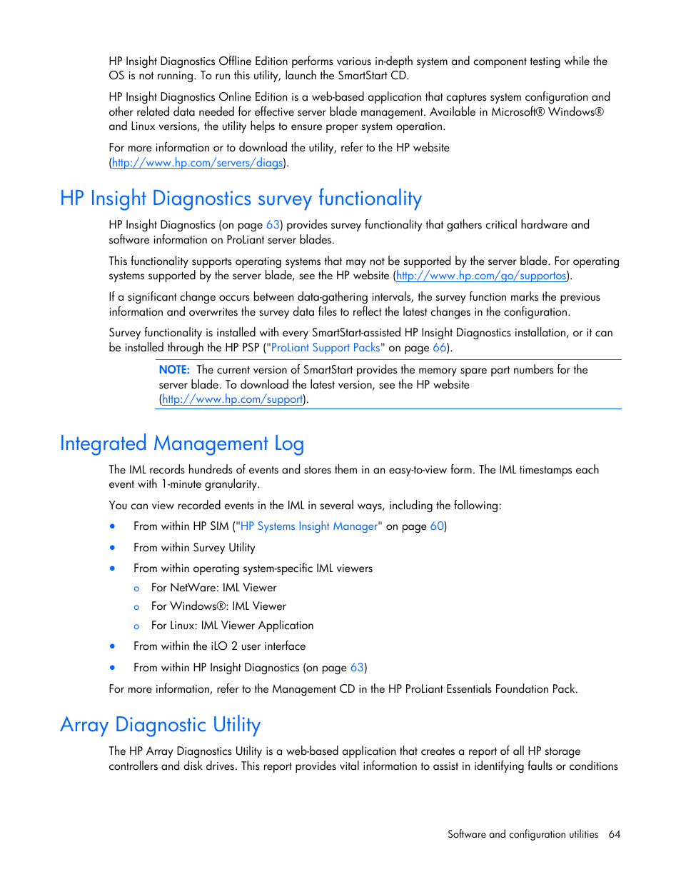 Hp insight diagnostics survey functionality, Integrated management log, Array diagnostic utility | HP PROLIANT SERVER BLADE BL460C G6 User Manual | Page 64 / 108