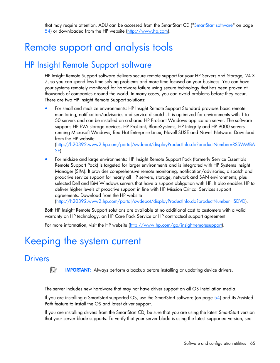 Remote support and analysis tools, Hp insight remote support software, Keeping the system current | Drivers | HP PROLIANT SERVER BLADE BL460C G6 User Manual | Page 65 / 108