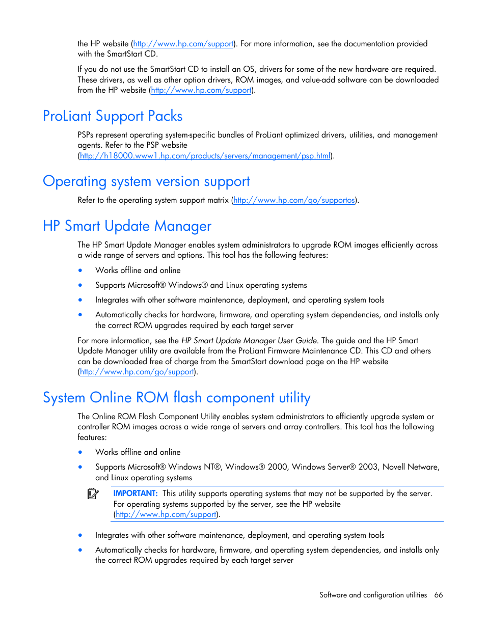 Proliant support packs, Operating system version support, Hp smart update manager | System online rom flash component utility, H the hp psp | HP PROLIANT SERVER BLADE BL460C G6 User Manual | Page 66 / 108