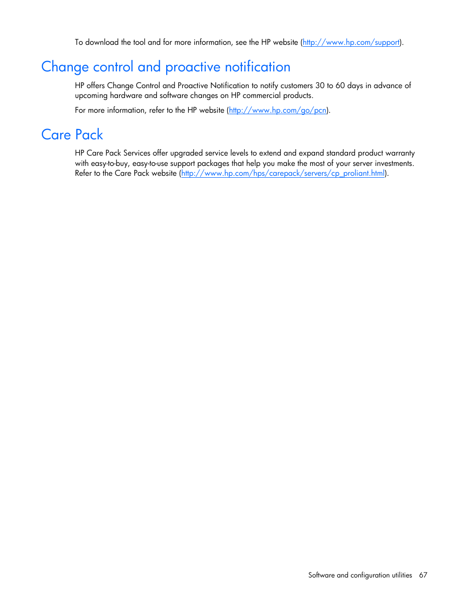 Change control and proactive notification, Care pack | HP PROLIANT SERVER BLADE BL460C G6 User Manual | Page 67 / 108