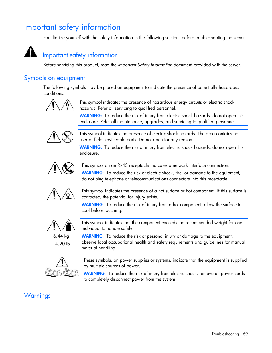 Important safety information, Symbols on equipment, Warnings | HP PROLIANT SERVER BLADE BL460C G6 User Manual | Page 69 / 108