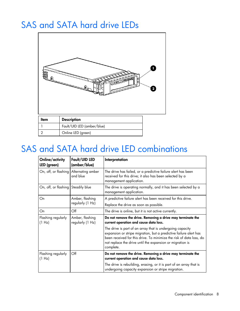 Sas and sata hard drive leds, Sas and sata hard drive led combinations | HP PROLIANT SERVER BLADE BL460C G6 User Manual | Page 8 / 108