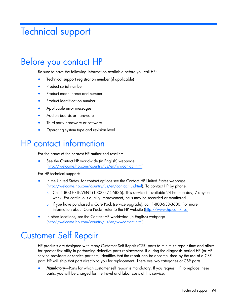 Technical support, Before you contact hp, Hp contact information | Customer self repair | HP PROLIANT SERVER BLADE BL460C G6 User Manual | Page 94 / 108