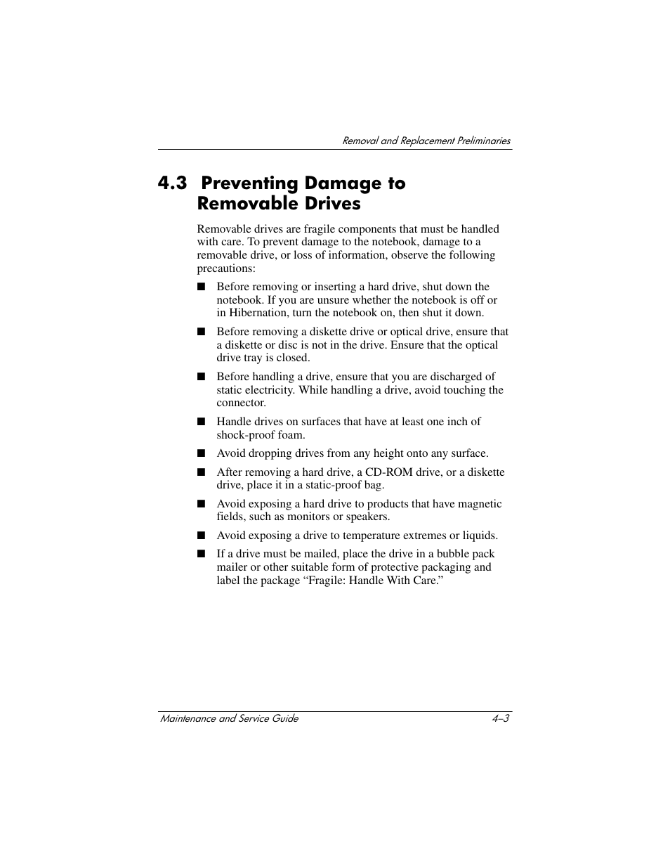 3 preventing damage to removable drives, 3 preventing damage to removable drives –3 | HP Compaq nx5000 series User Manual | Page 104 / 220