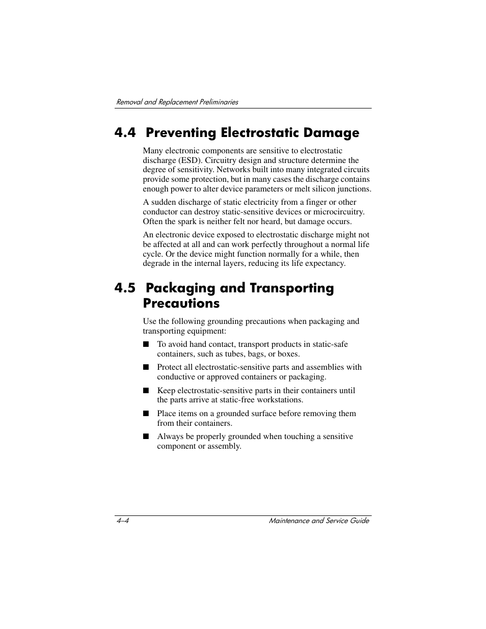 4 preventing electrostatic damage, 5 packaging and transporting precautions | HP Compaq nx5000 series User Manual | Page 105 / 220