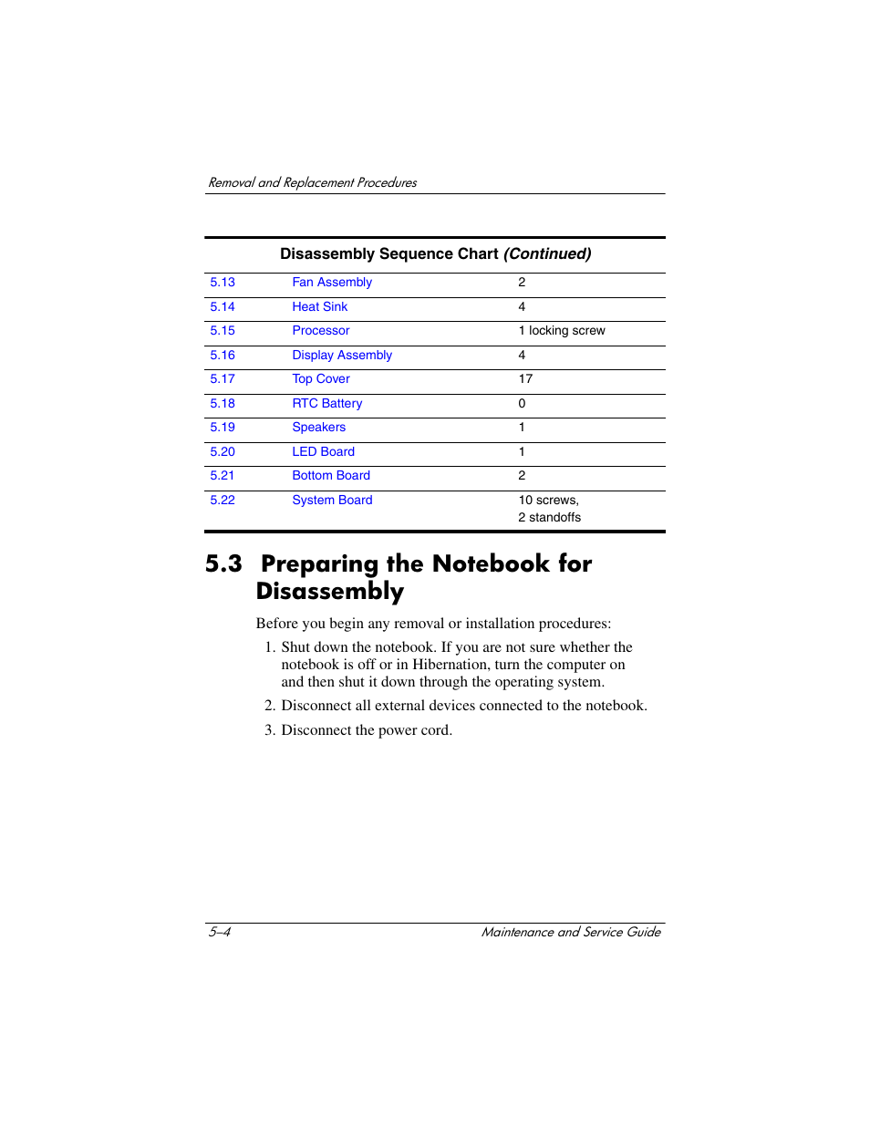 3 preparing the notebook for disassembly, 3 preparing the notebook for disassembly –4, Prepare the notebook for disassembly | Section 5.3 | HP Compaq nx5000 series User Manual | Page 112 / 220