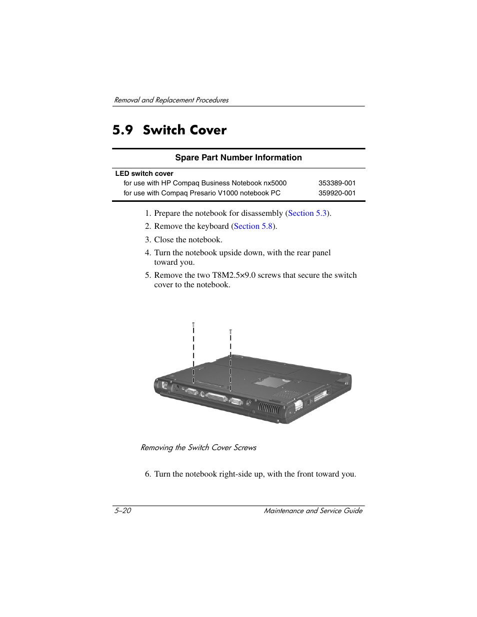9 switch cover, 9 switch cover –20 | HP Compaq nx5000 series User Manual | Page 128 / 220