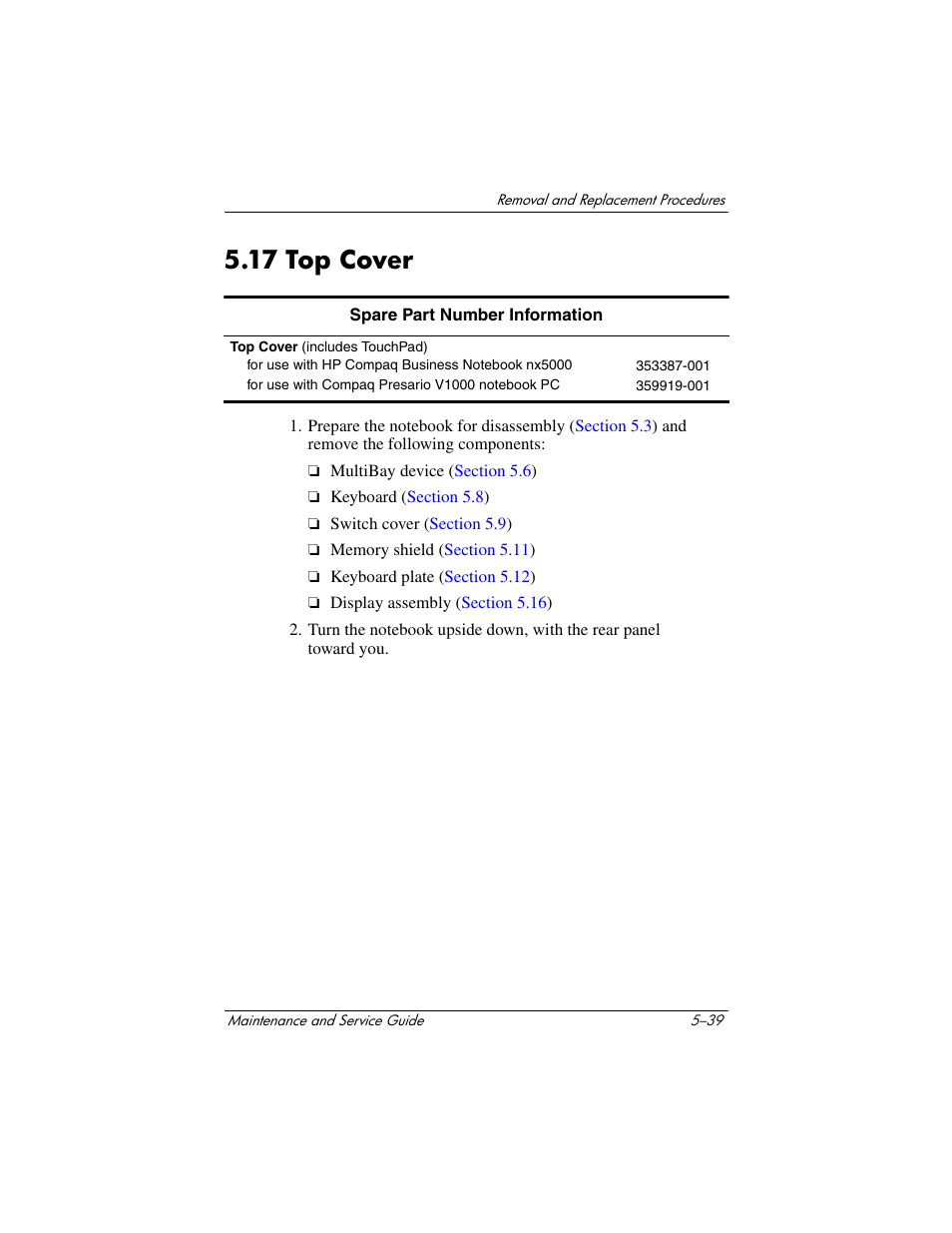 17 top cover, 17 top cover –39 | HP Compaq nx5000 series User Manual | Page 147 / 220
