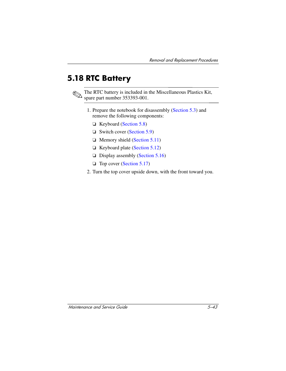 18 rtc battery, 18 rtc battery –43, Tc) battery | Section 5.18 | HP Compaq nx5000 series User Manual | Page 151 / 220