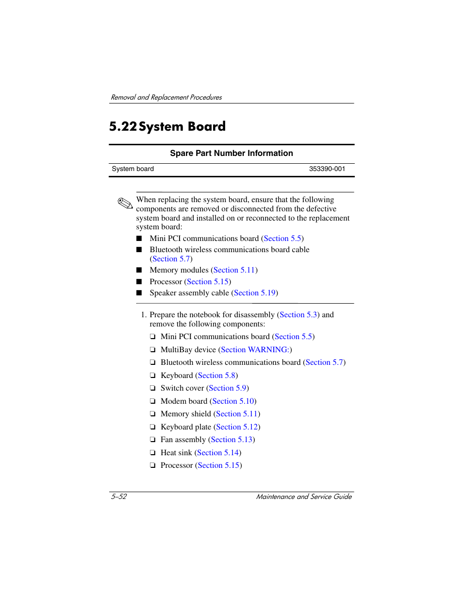 22 system board, 22 system board –52 | HP Compaq nx5000 series User Manual | Page 160 / 220