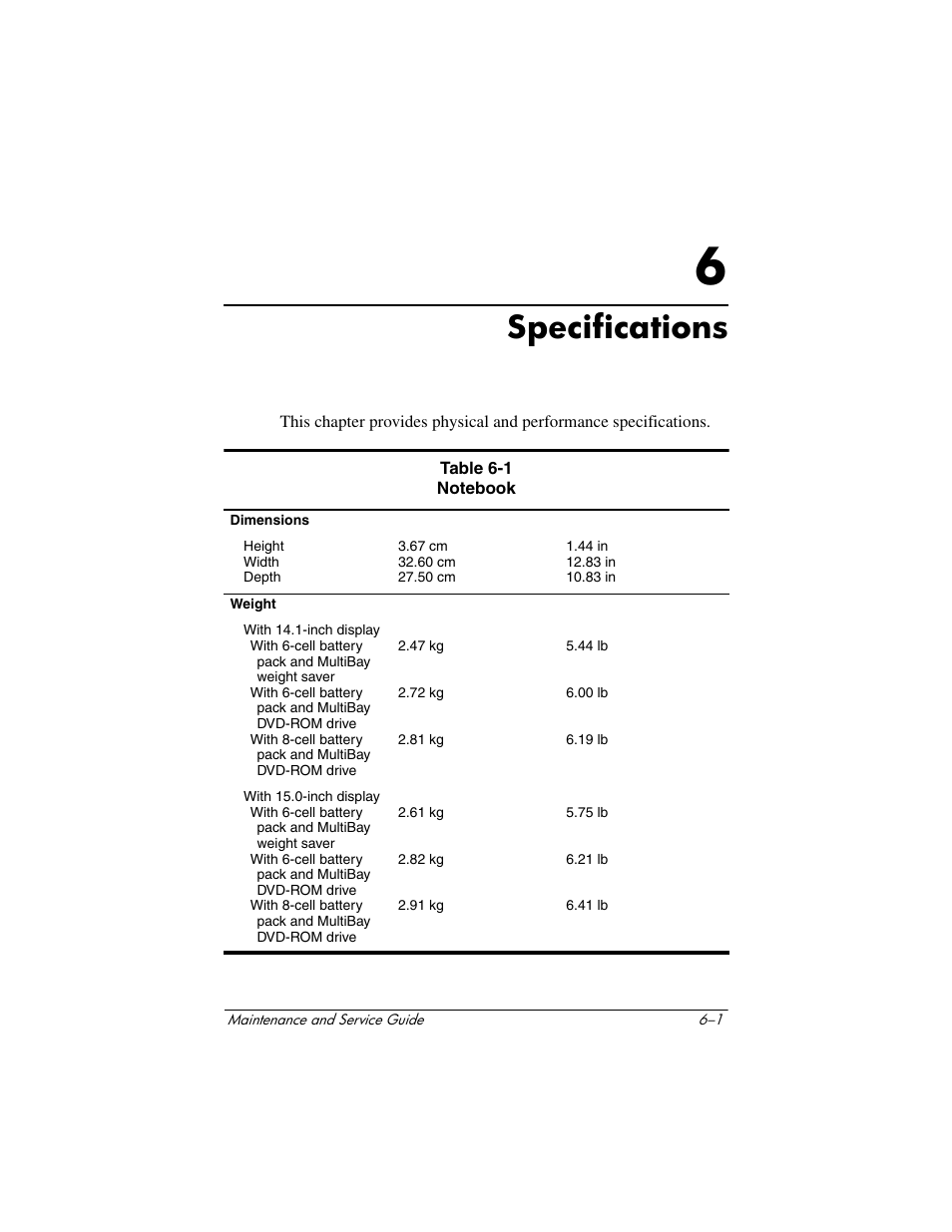 Specifications, 6 specifications | HP Compaq nx5000 series User Manual | Page 163 / 220