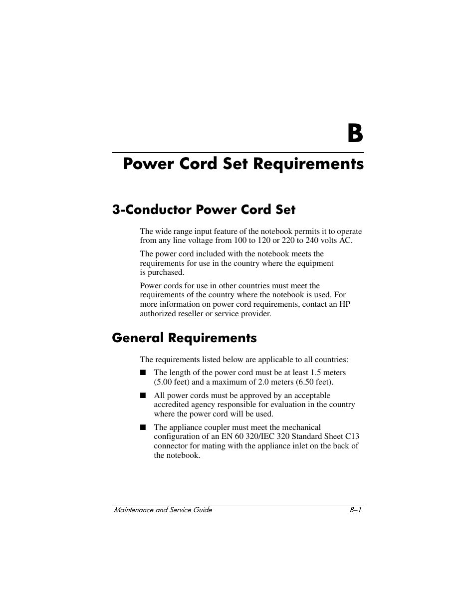 Power cord set requirements, Conductor power cord set, General requirements | B power cord set requirements | HP Compaq nx5000 series User Manual | Page 189 / 220