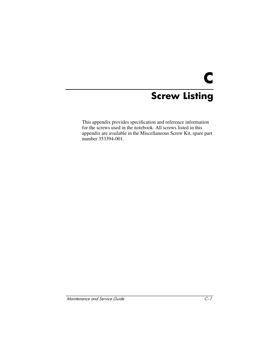 Screw listing, C screw listing | HP Compaq nx5000 series User Manual | Page 190 / 220