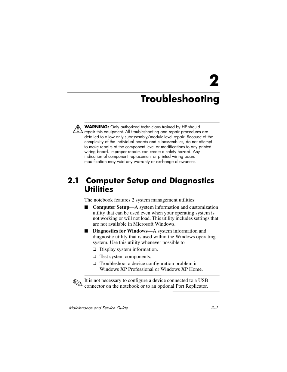 Troubleshooting, 1 computer setup and diagnostics utilities, 2 troubleshooting | 1 computer setup and diagnostics utilities –1 | HP Compaq nx5000 series User Manual | Page 57 / 220