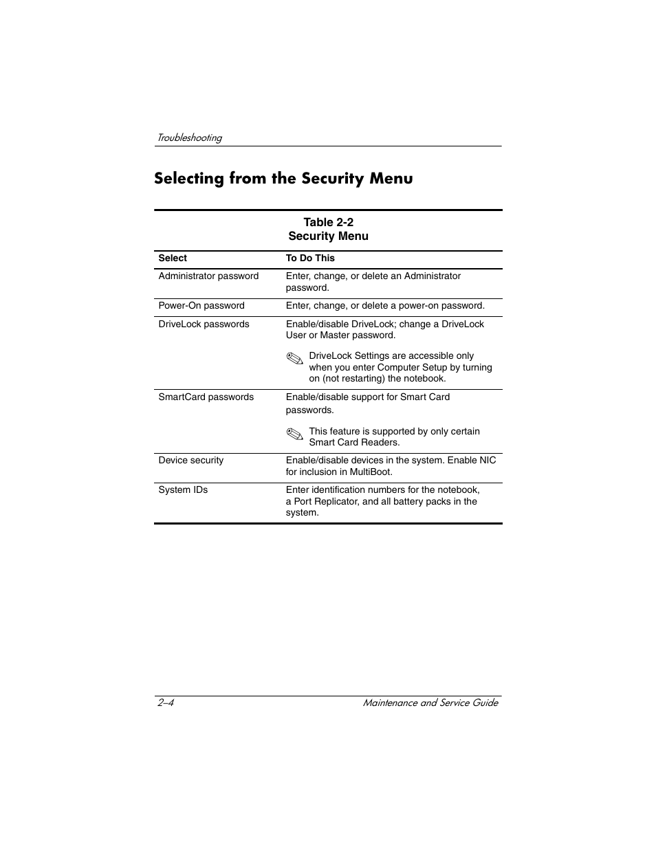 Selecting from the security menu, Selecting from the security menu –4 | HP Compaq nx5000 series User Manual | Page 60 / 220