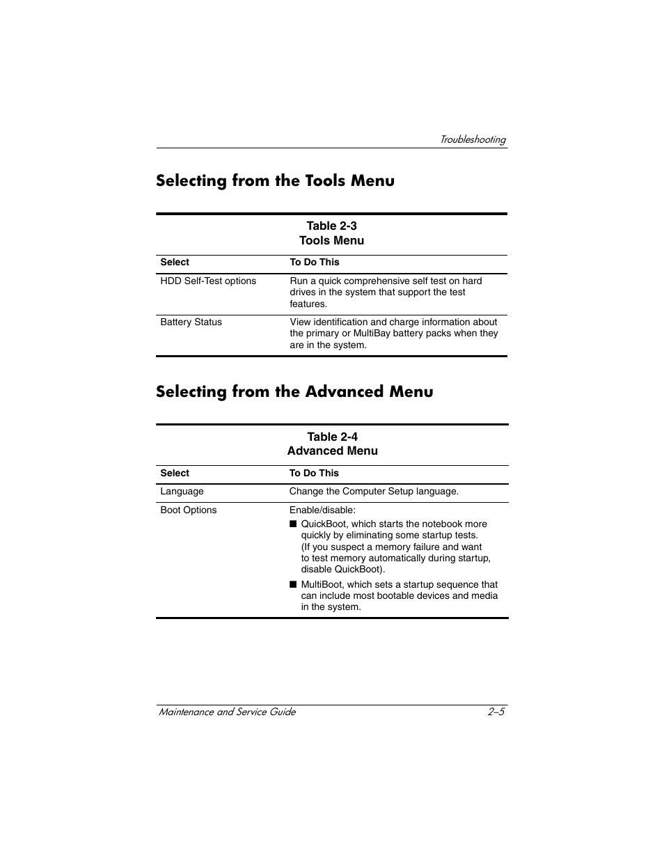 Selecting from the tools menu, Selecting from the advanced menu | HP Compaq nx5000 series User Manual | Page 61 / 220