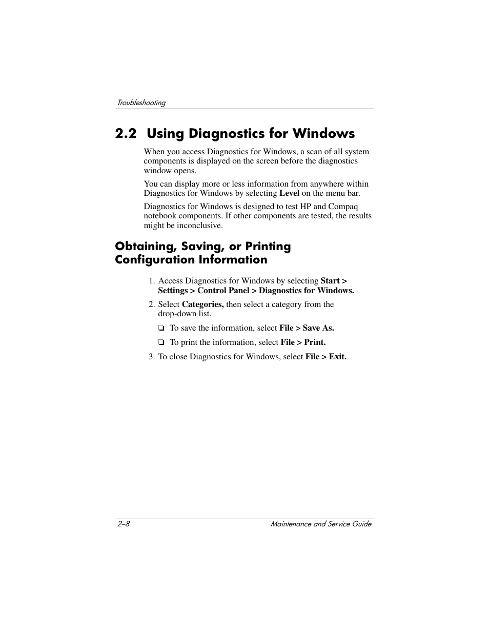 2 using diagnostics for windows, 2 using diagnostics for windows –8, Obtaining, saving, or printing configuration | Information –8 | HP Compaq nx5000 series User Manual | Page 64 / 220