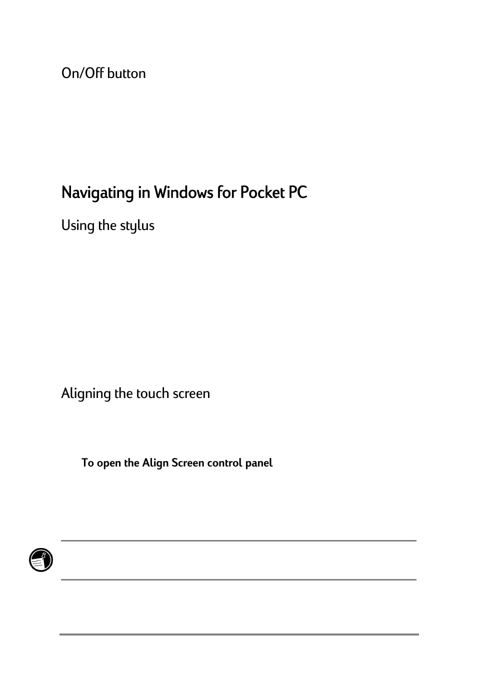 Navigating in windows for pocket pc, 1dyljdwlqjlq:lqgrzviru3rfnhw3, 2q2iiexwwrq | 8vlqjwkhvw\oxv, Oljqlqjwkhwrxfkvfuhhq | HP Jornada 520 User Manual | Page 20 / 134