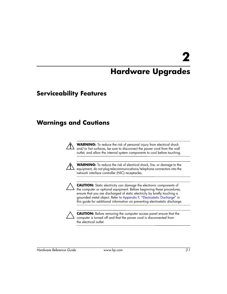 Hardware upgrades, Serviceability features, Warnings and cautions | 2 hardware upgrades | HP DC5000 User Manual | Page 11 / 69