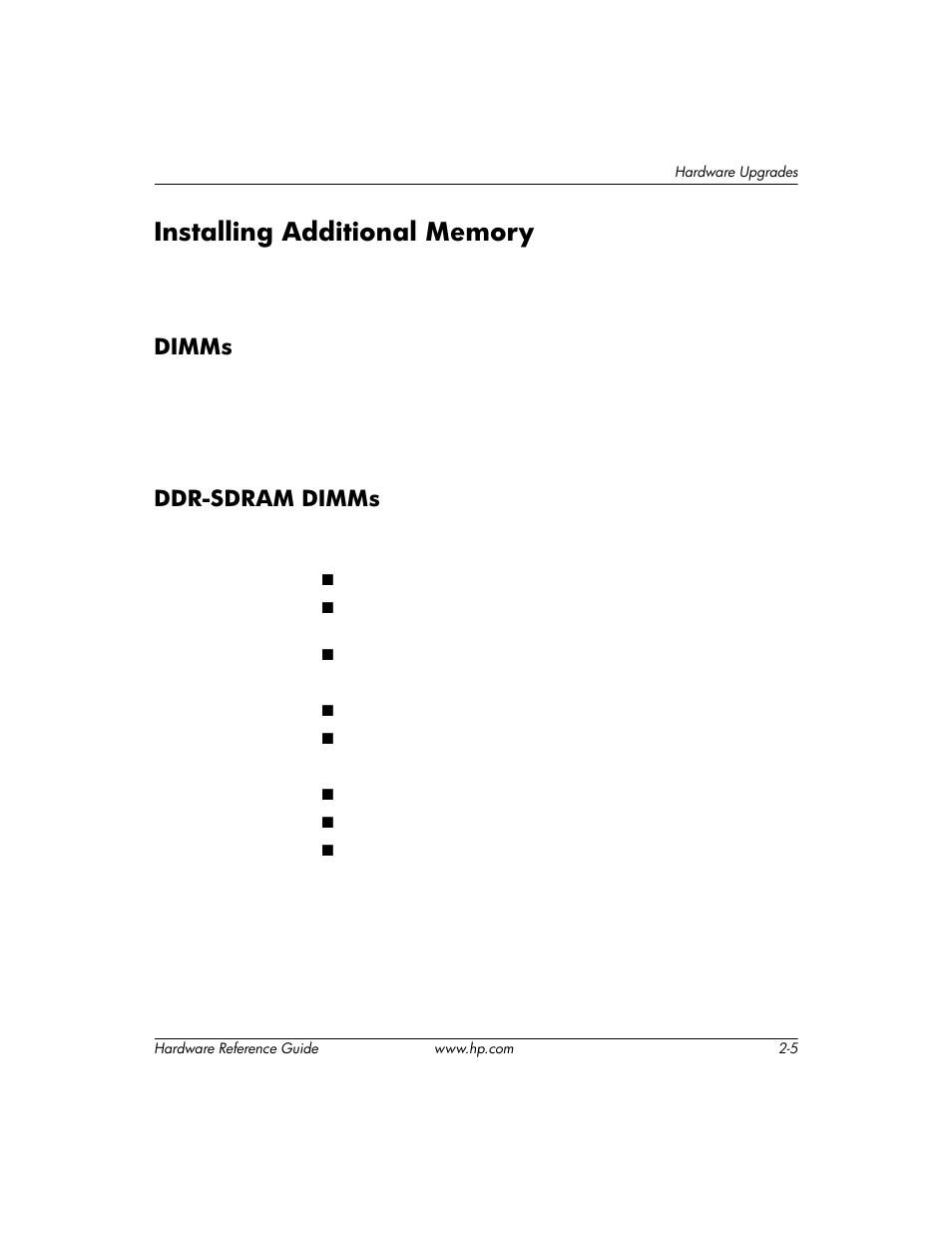 Installing additional memory, Dimms, Ddr-sdram dimms | Installing additional memory –5, Dimms –5 ddr-sdram dimms –5 | HP DC5000 User Manual | Page 15 / 69