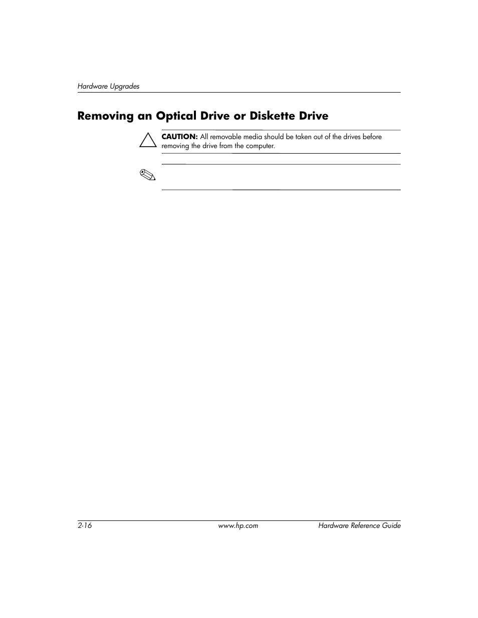 Removing an optical drive or diskette drive, Removing an optical drive or diskette drive –16 | HP DC5000 User Manual | Page 26 / 69