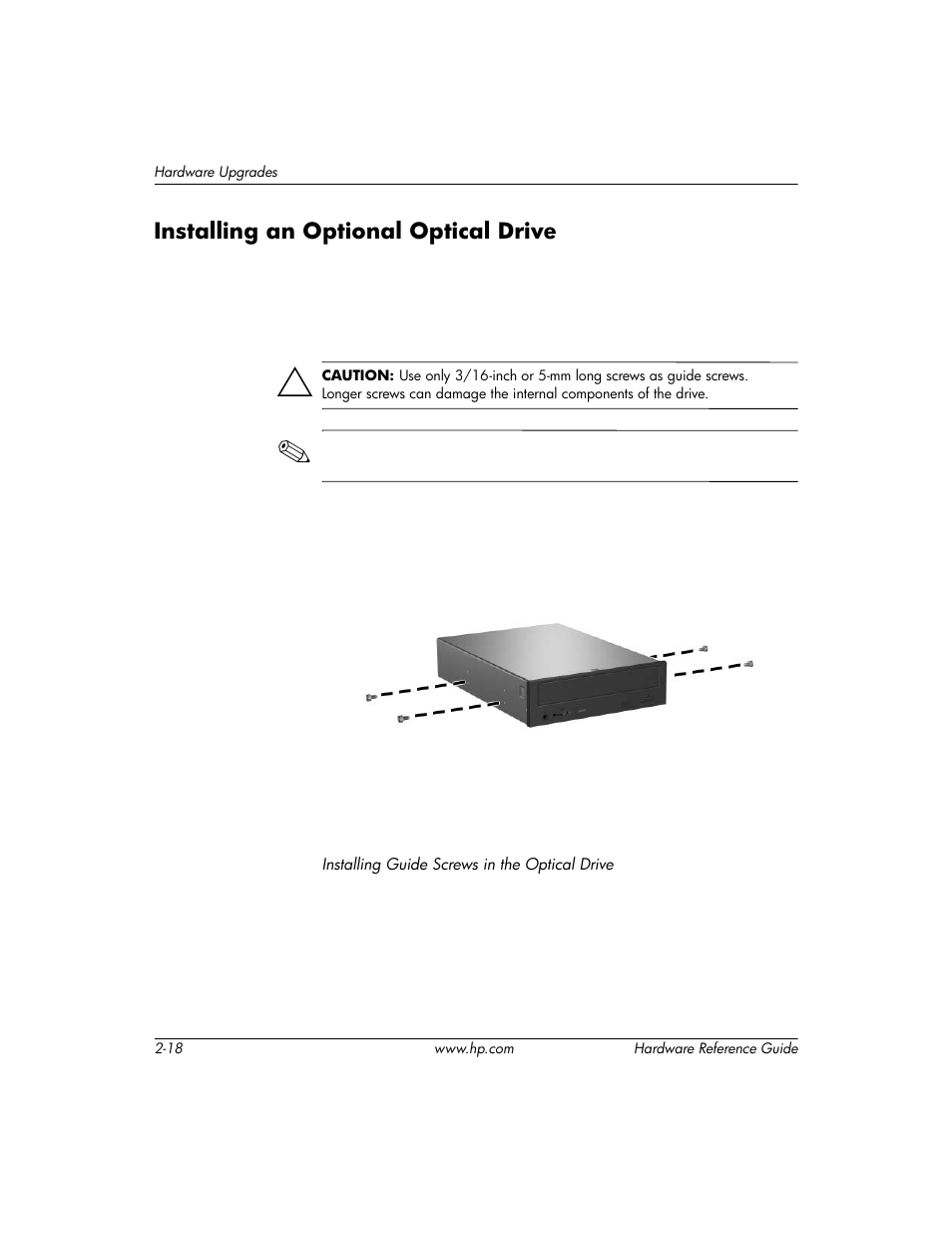 Installing an optional optical drive, Installing an optional optical drive –18 | HP DC5000 User Manual | Page 28 / 69