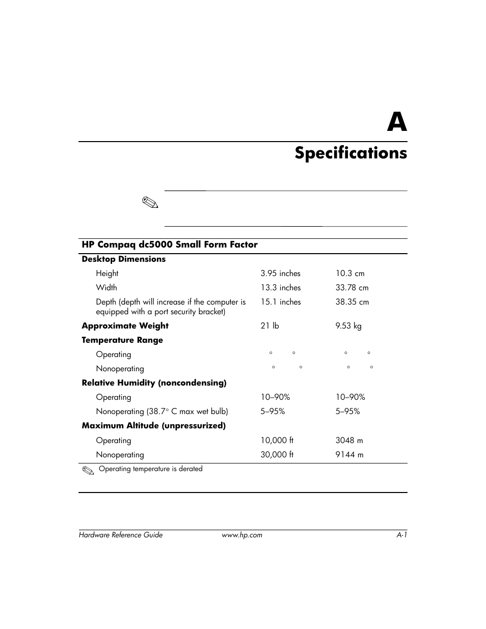 Specifications, A specifications | HP DC5000 User Manual | Page 41 / 69