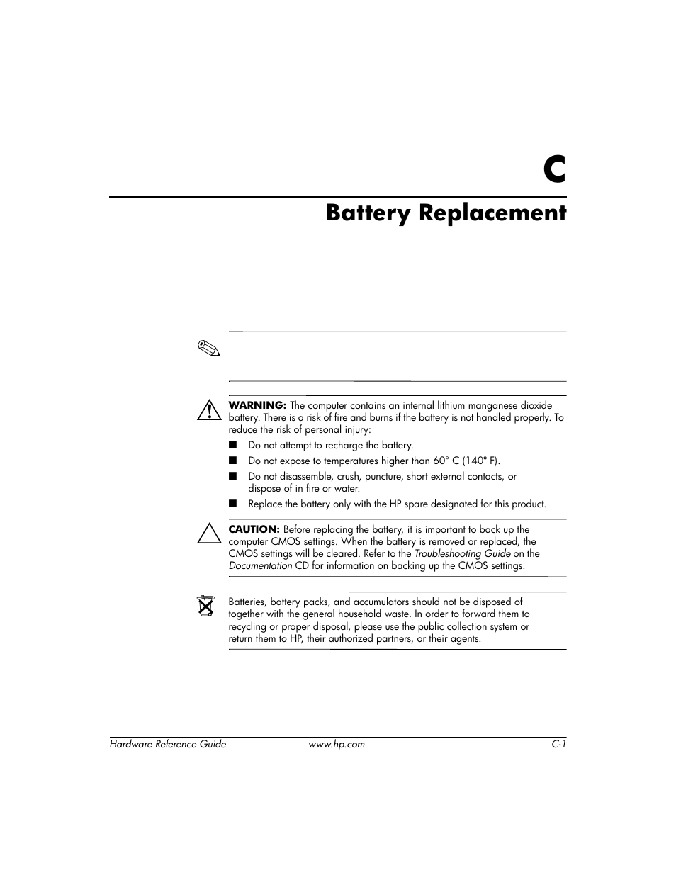 Battery replacement, C battery replacement | HP DC5000 User Manual | Page 45 / 69