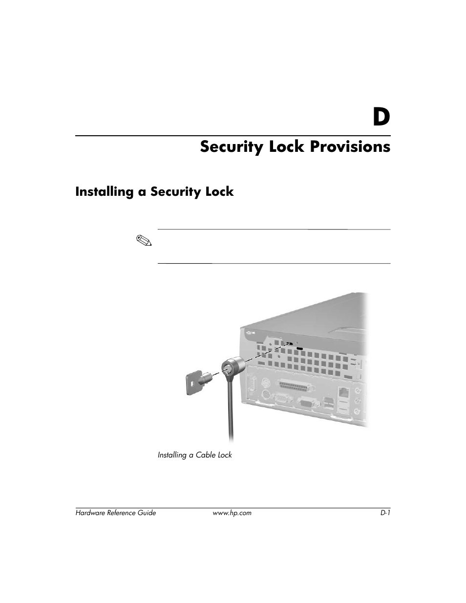 Security lock provisions, Installing a security lock, D security lock provisions | HP DC5000 User Manual | Page 49 / 69