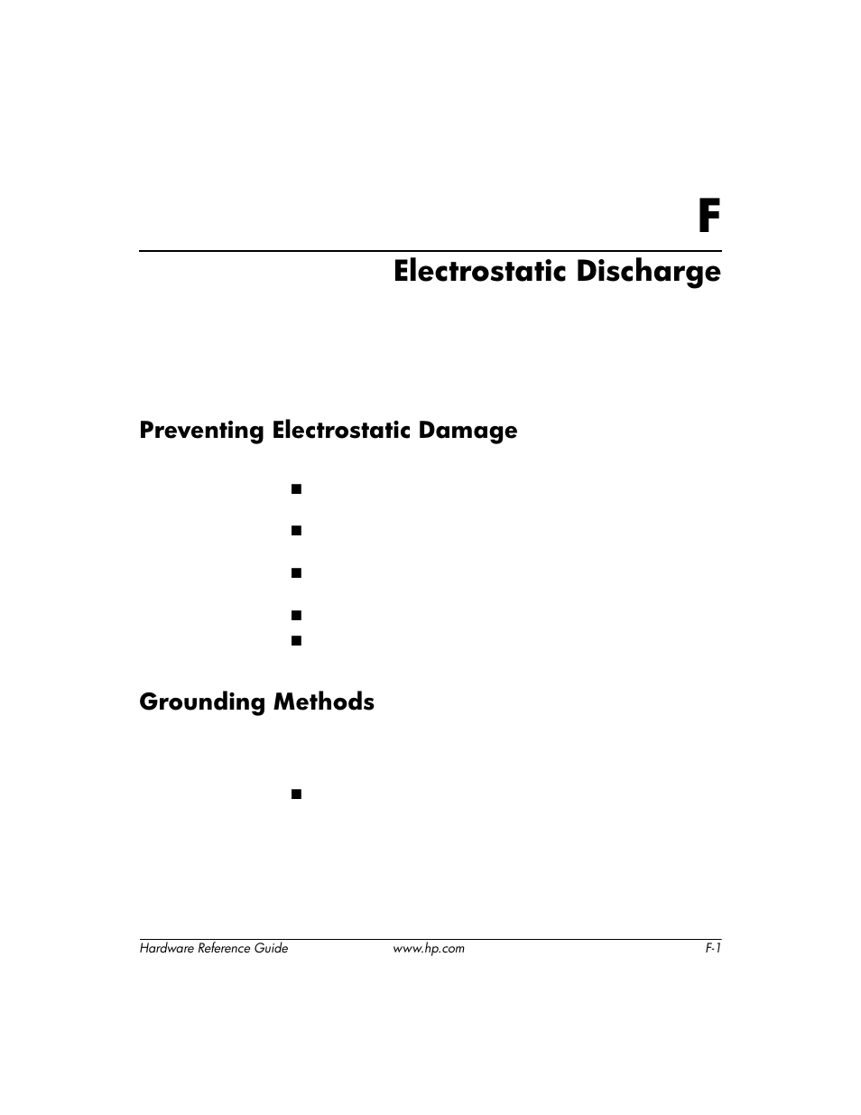Electrostatic discharge, Preventing electrostatic damage, Grounding methods | F electrostatic discharge | HP DC5000 User Manual | Page 61 / 69