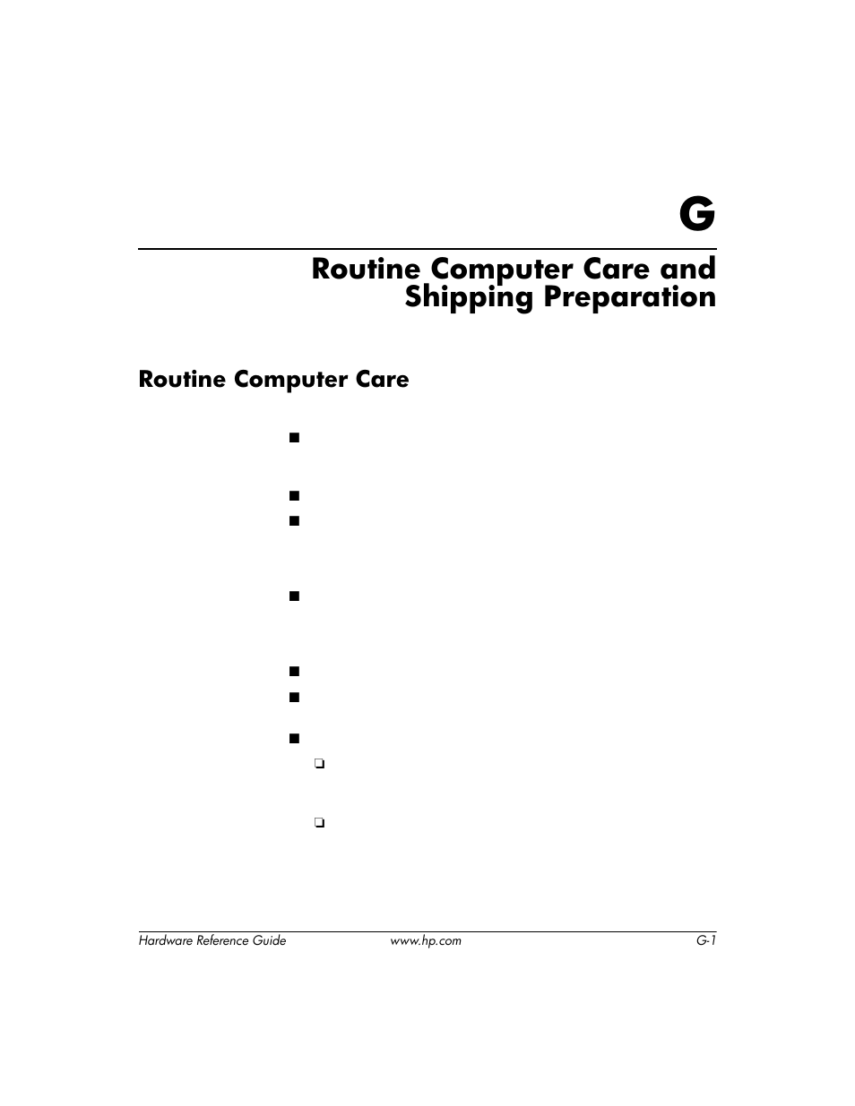 Routine computer care and shipping preparation, Routine computer care, G routine computer care and shipping preparation | HP DC5000 User Manual | Page 63 / 69