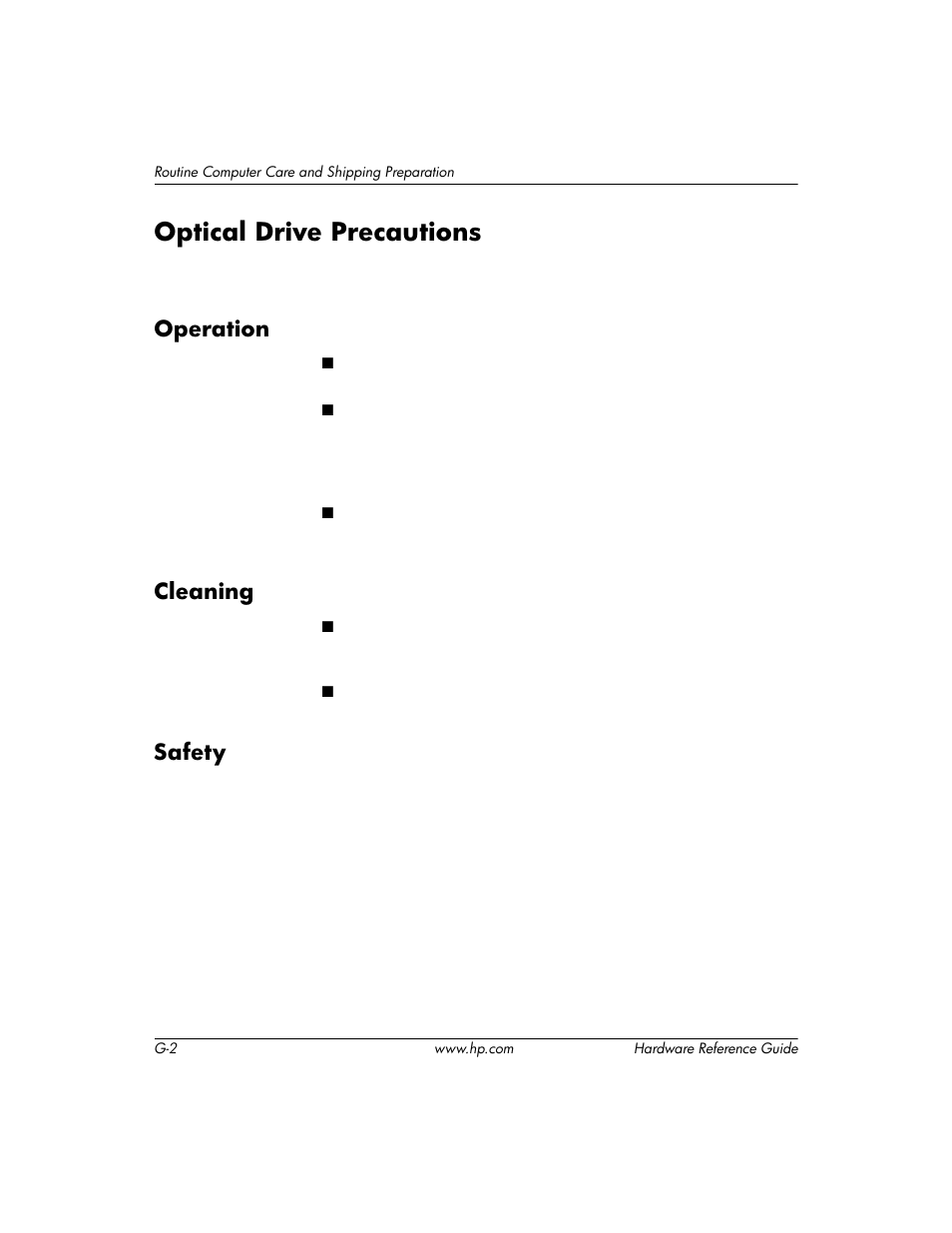 Optical drive precautions, Operation, Cleaning | Safety | HP DC5000 User Manual | Page 64 / 69