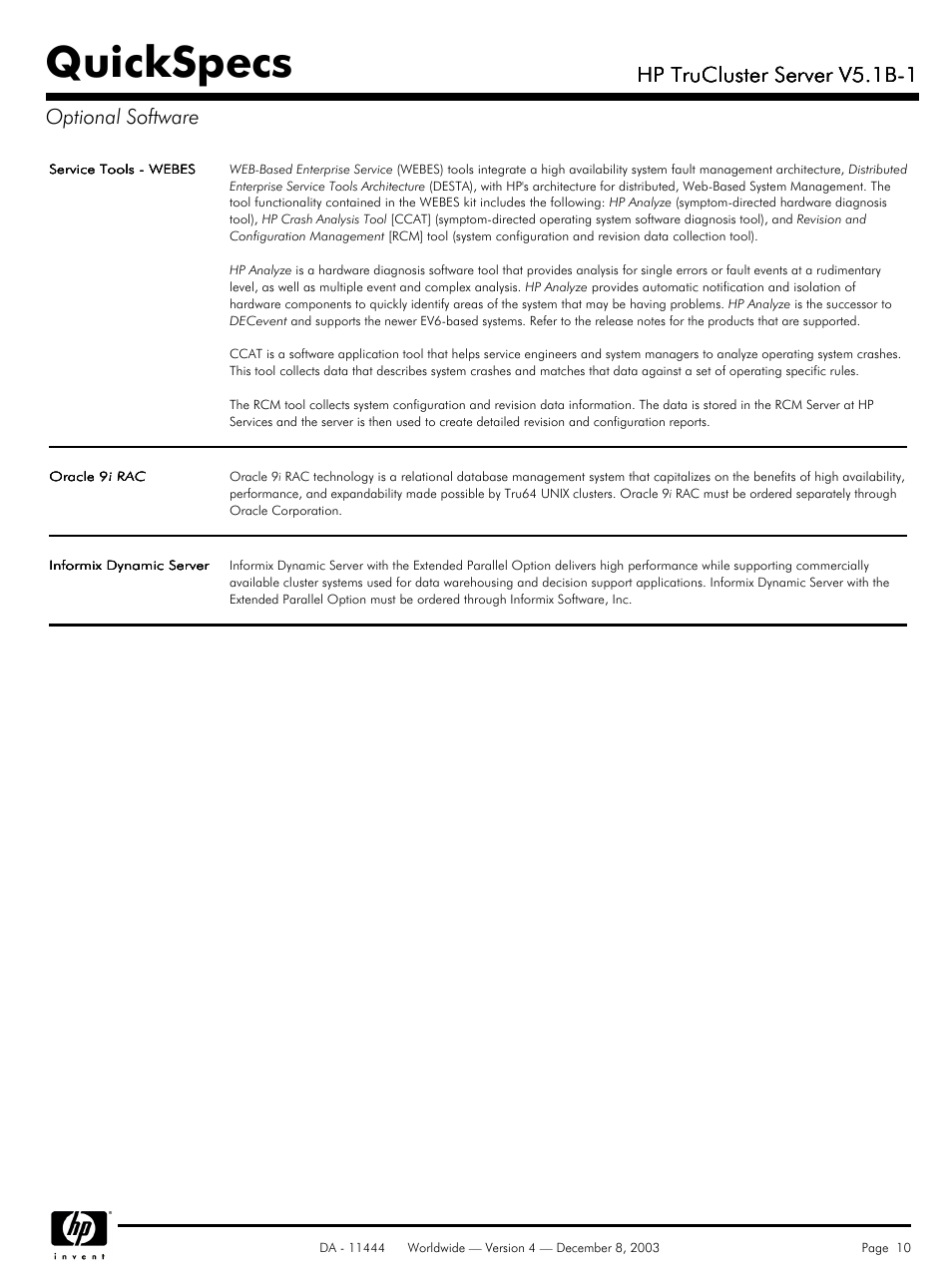 Quickspecs, Hp trucluster server v5.1b-1, Hp trucluster server v5.1b-1 optional software | HP V5. 1B-1 User Manual | Page 10 / 19