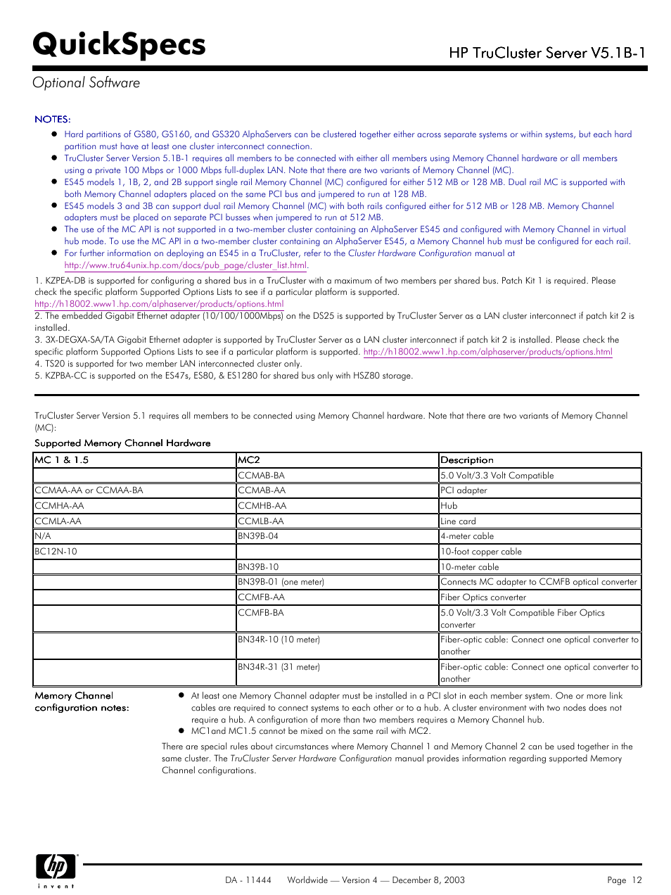 Quickspecs, Hp trucluster server v5.1b-1, Hp trucluster server v5.1b-1 optional software | HP V5. 1B-1 User Manual | Page 12 / 19